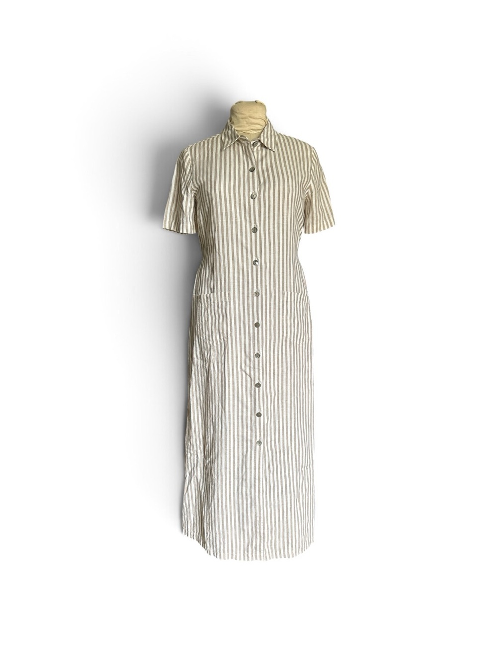 Nordstrom Cream Tan Striped Short Sleeve Maxi Linen Shirt Dress Size 6 Lagenlook